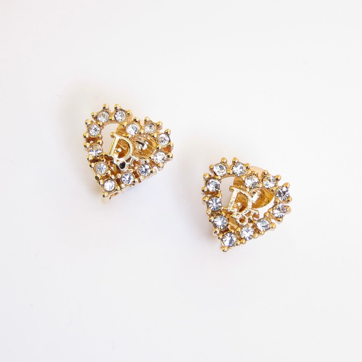 Christian Dior Vintage Dior Logo in Heart with Rhinestone Golden Clip-on Earrings