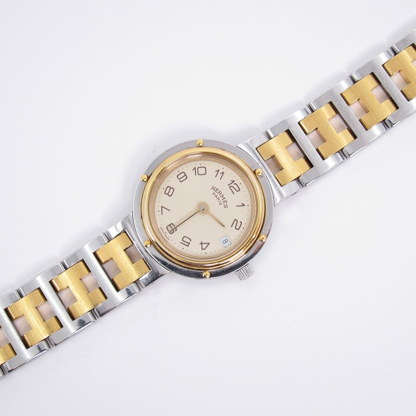 Hermes Vintage Clipper Ivory Dial with Date and H Bracelet Two Tone Watch