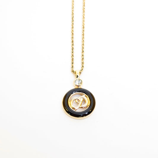 Christian Dior Vintage CD Logo in Black Circle and Rhinestone Golden Necklace