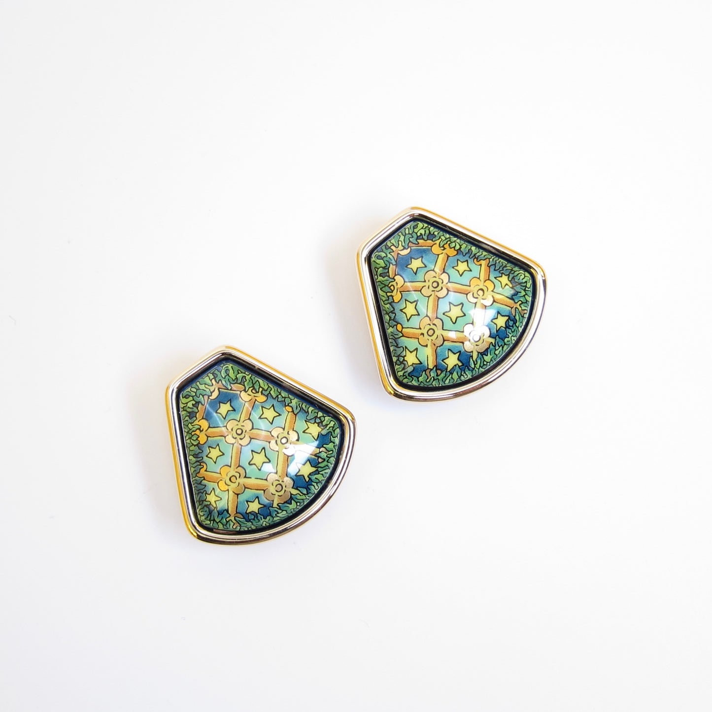 Hermes Vintage Green Enamel Golden Clip-on Earrings