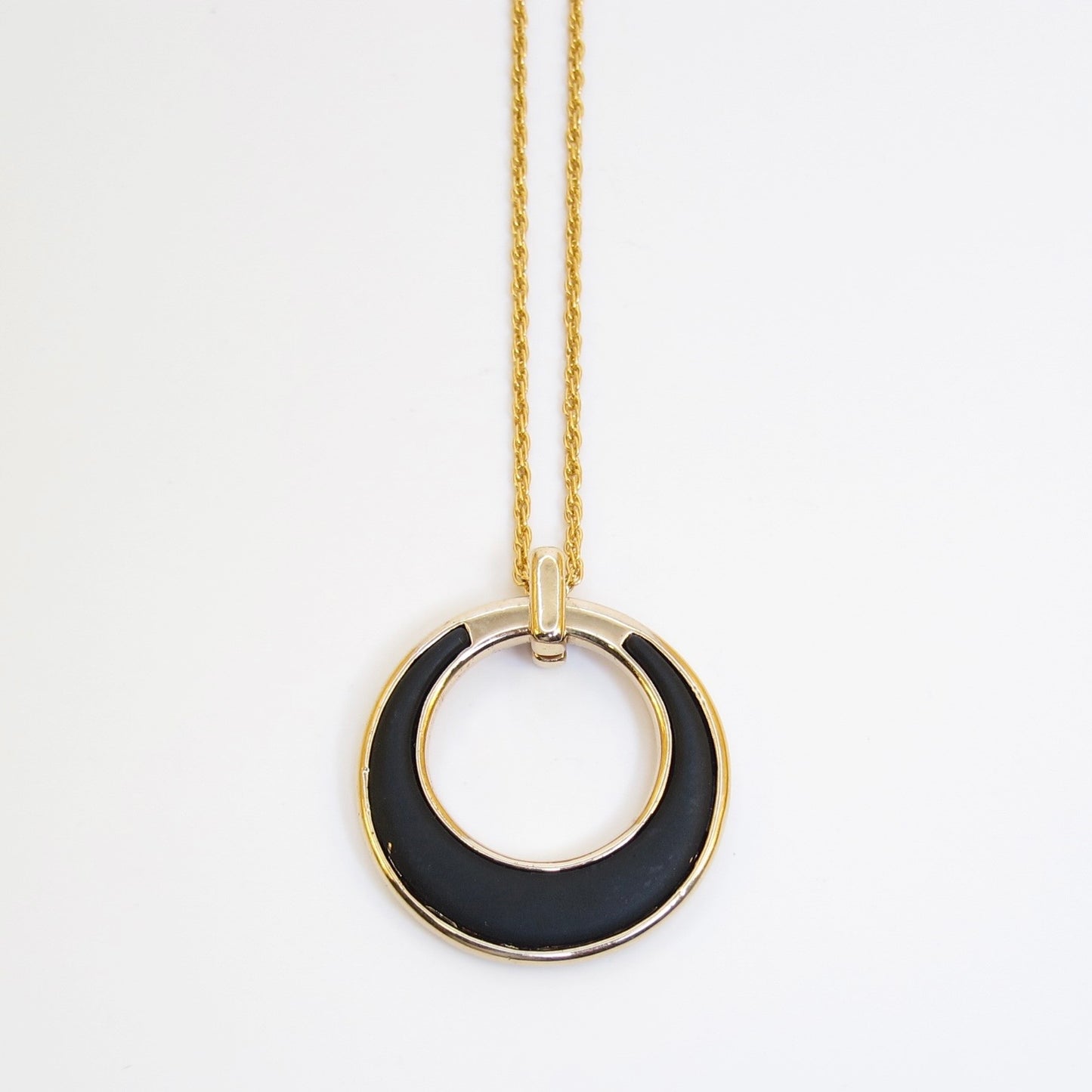 Monet Vintage Black Enamel Oval Pendant Golden Necklace