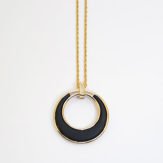Monet Vintage Black Enamel Oval Pendant Golden Necklace