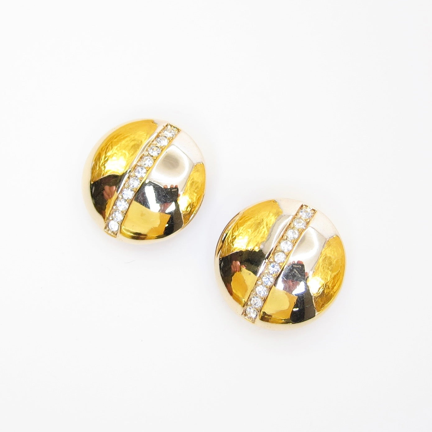 Christian Dior Vintage Round Shaped with Rhinestone Golden Clip-on Earrrings