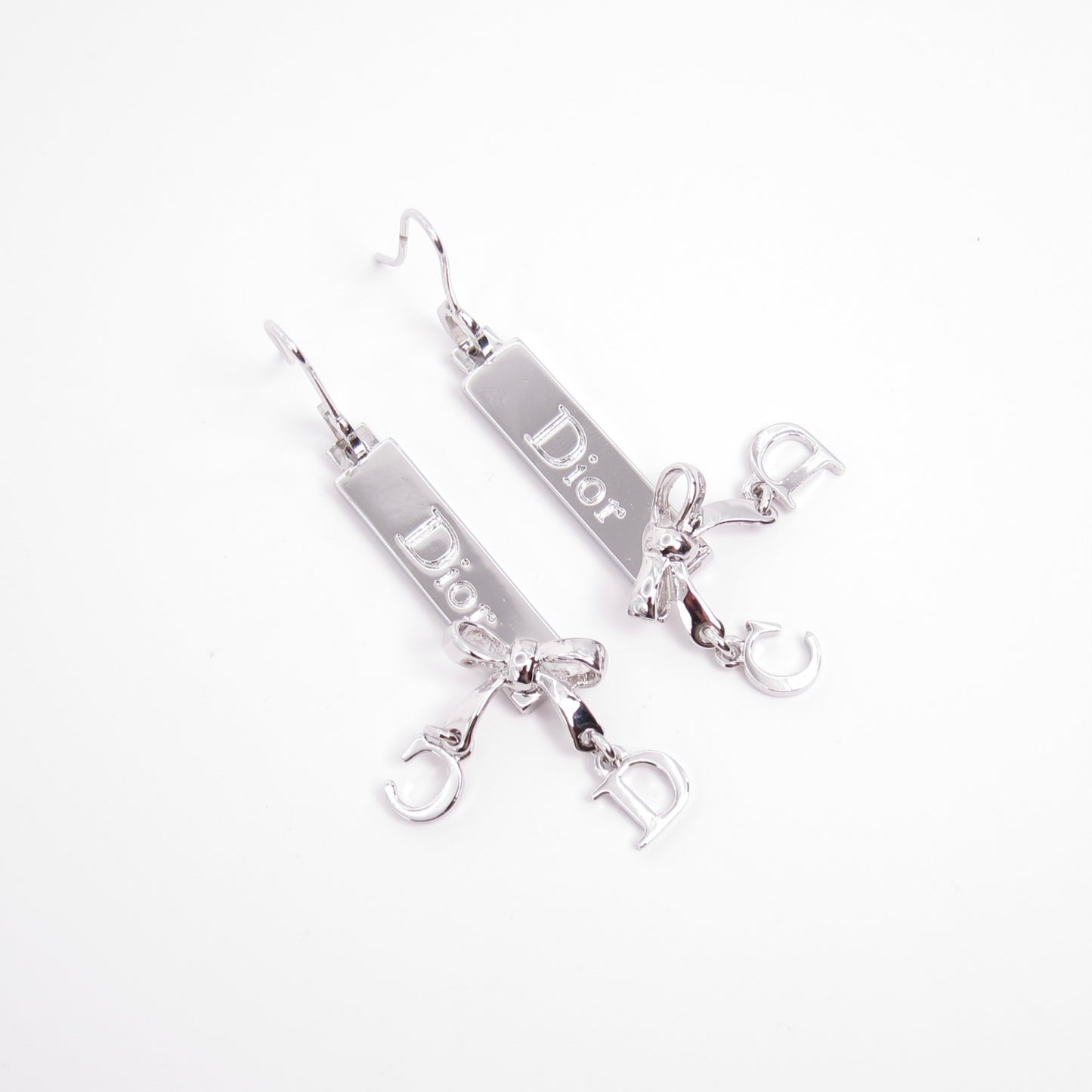 Christian Dior Vintage CD Logo and Ribbon Silver Earrings
