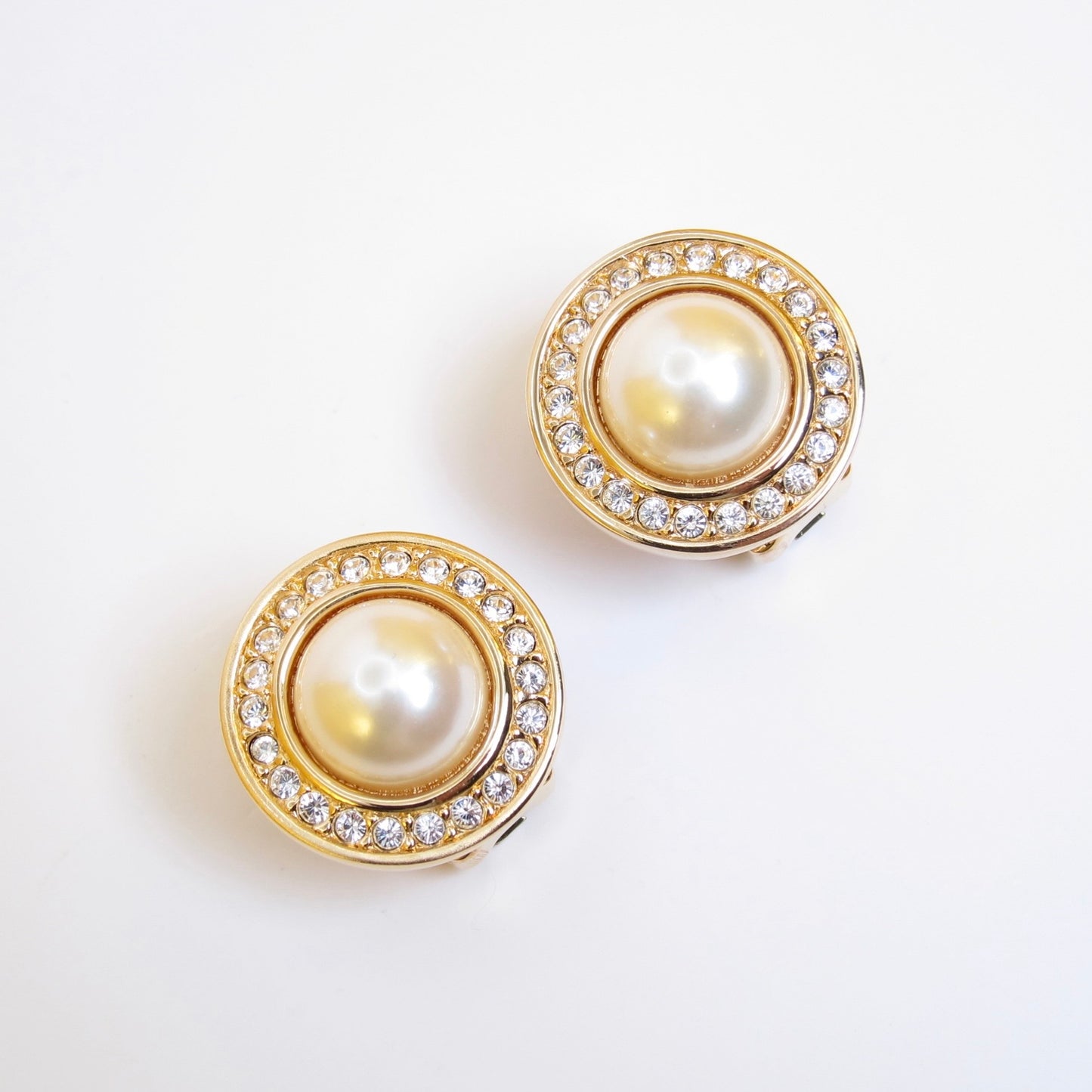 Christian Dior Vintage Round Shaped Pearl and Rhinestone Golden Clip-on Earrings