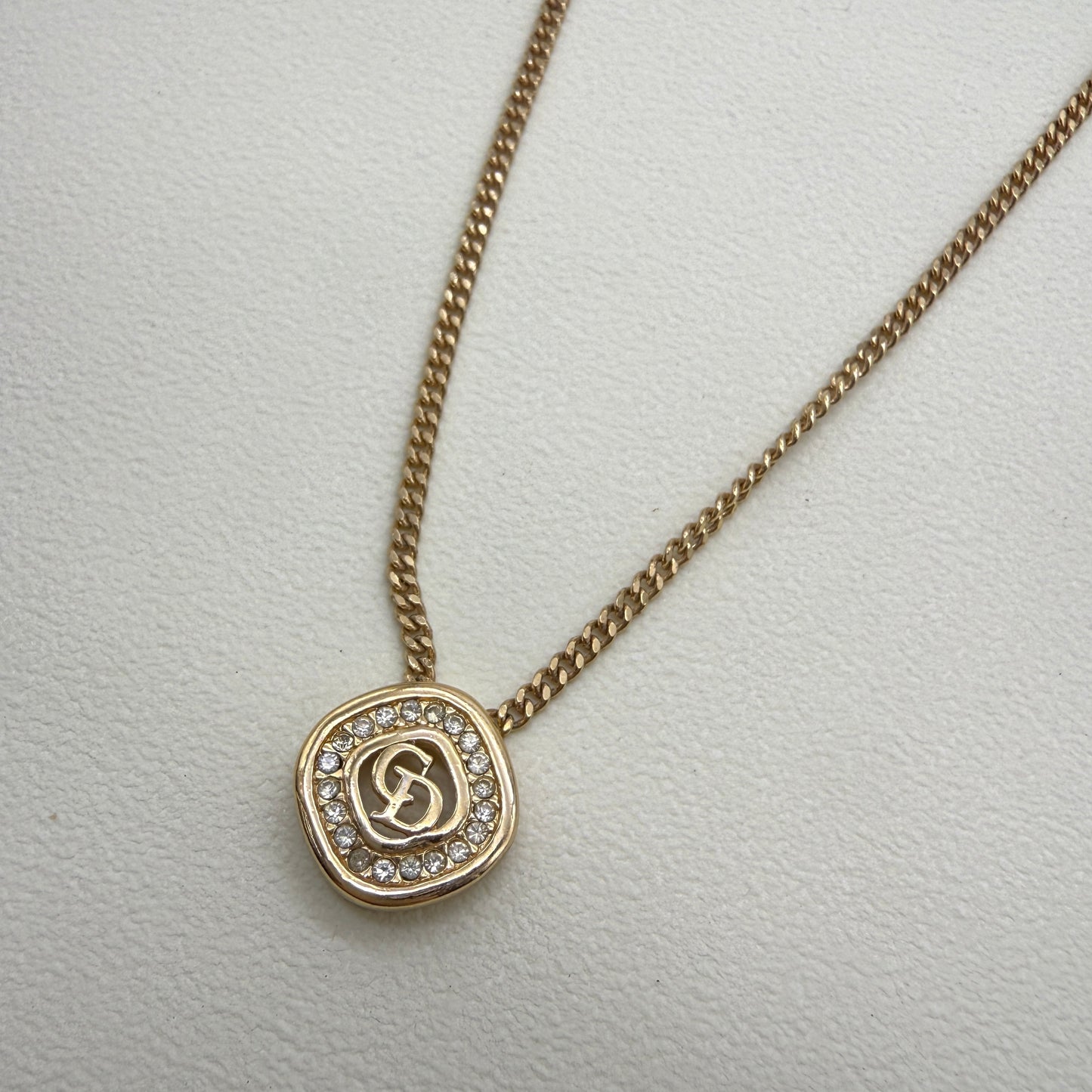 Christian Dior Vintage CD Logo in Rhombus with Rhinestone Golden Necklace