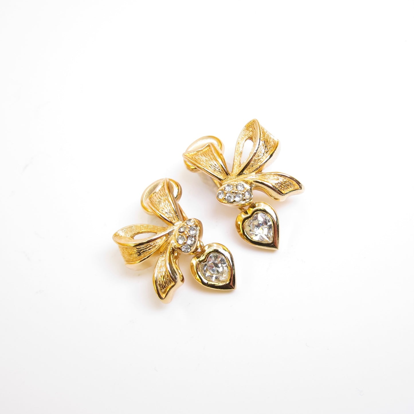 Christian Dior Vintage Ribbon Motif and Rhinestone Golden Clip-on Earrings