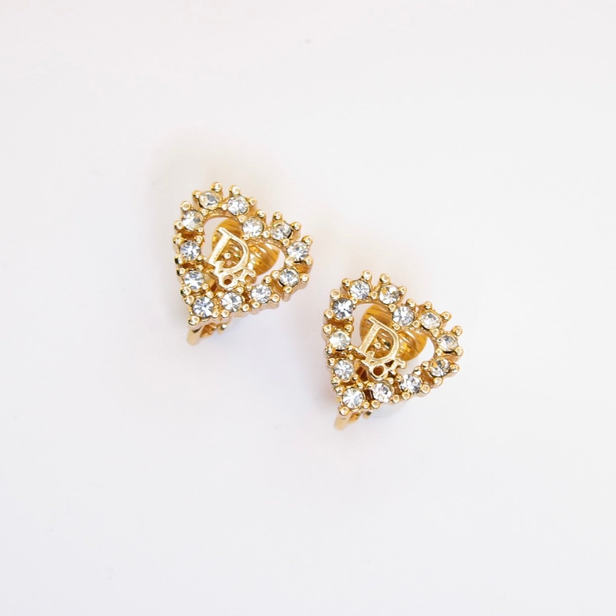 Christian Dior Vintage Dior Logo in Heart with Rhinestone Golden Clip-on Earrings