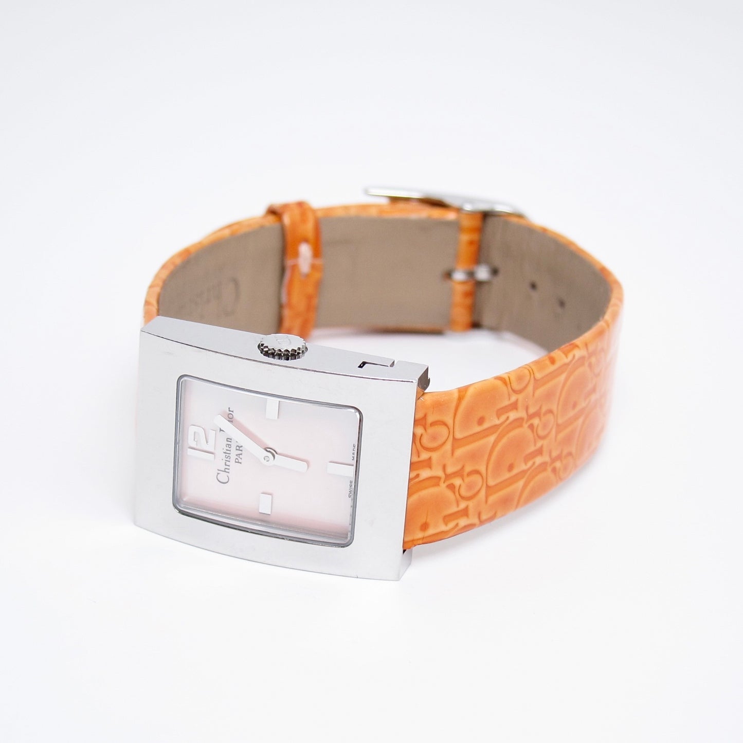 Christian Dior Vintage Malice Pink Shell Pearl Face with Orange Trotter Leather Strap Watch