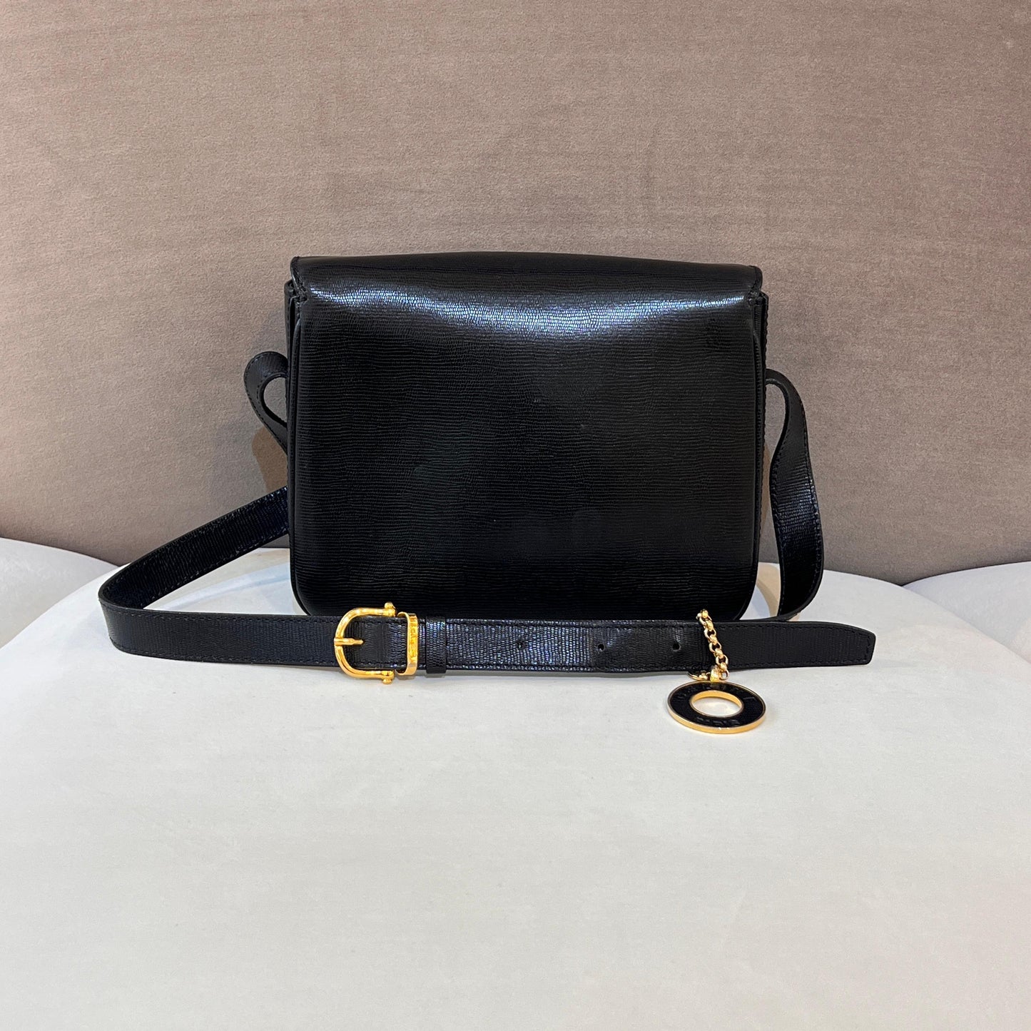 Celine Vintage Black Leather Turn Lock Shoulder Bag