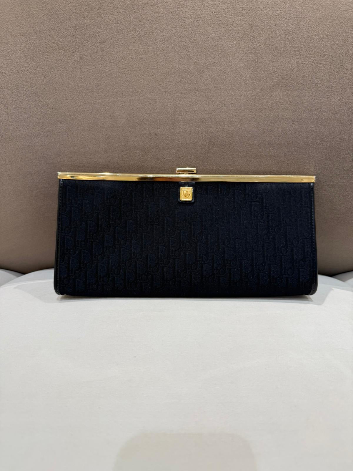 Christian Dior Vintage Trotter Logo Black Canvas Gold Clasp Clutch Bag