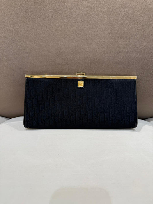 Christian Dior Vintage Trotter Logo 黑色帆布金色搭扣手拿包