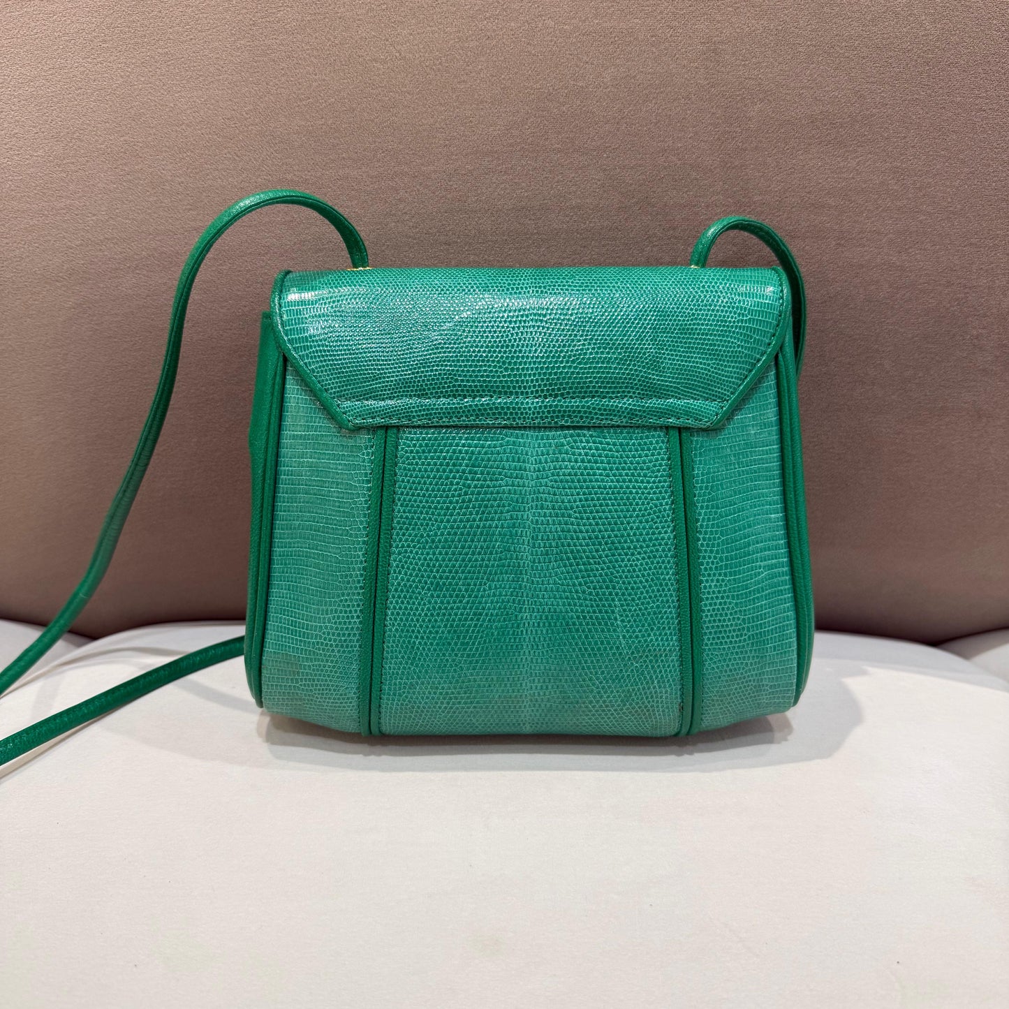 Yves Saint Laurent Vintage Green Lizard Embossed Leather Shoulder Bag