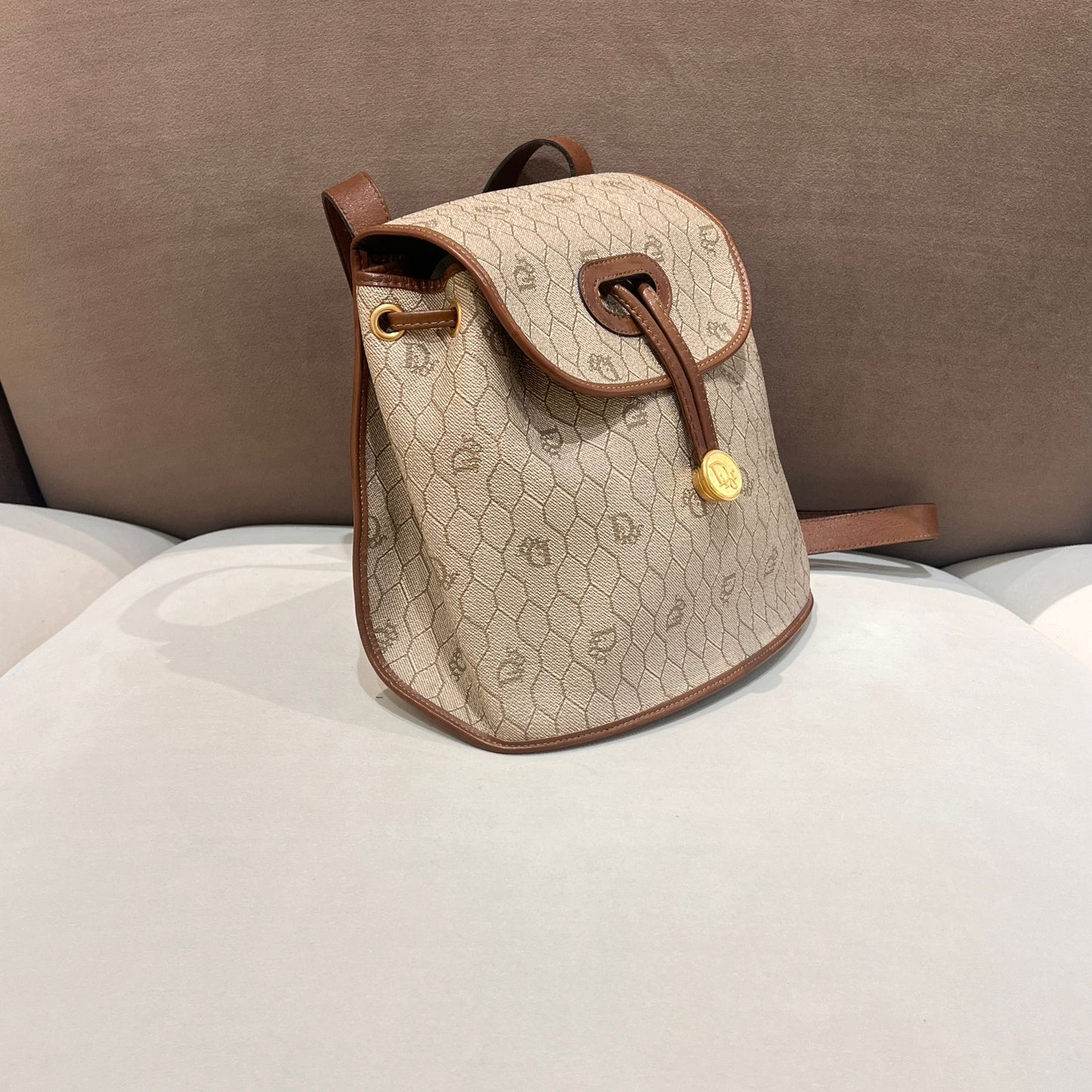 Christian Dior Vintage Honeycomb Pvc Brown Leather Drawstring Backpack