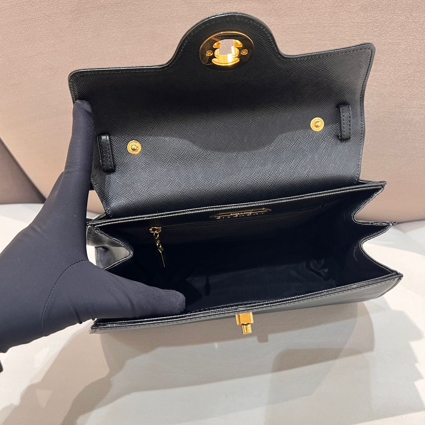 Givenchy Vintage Black Leather Turn Lock 2-Way Top Handle Bag