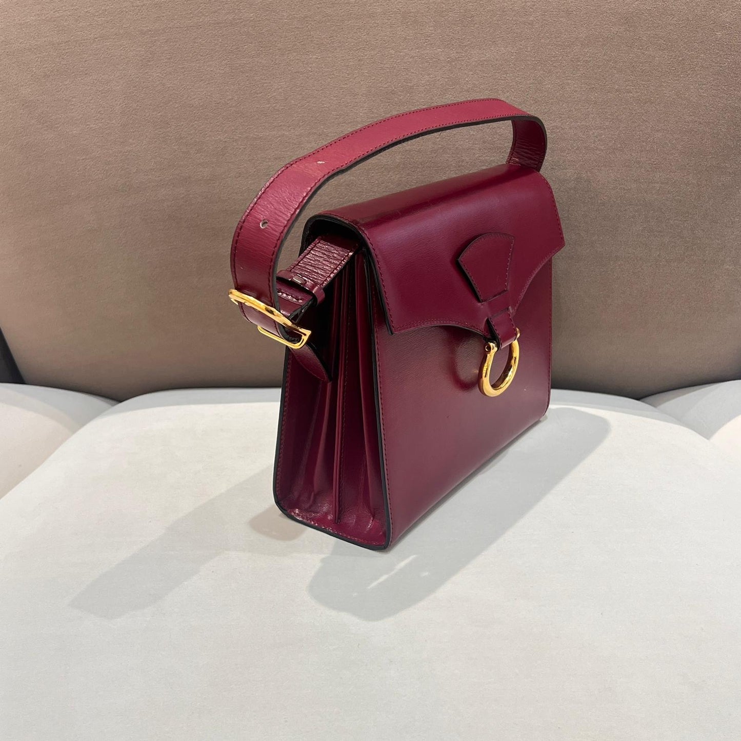 Celine Vintage Burgundy Leather Gold Ring Top Handle Bag