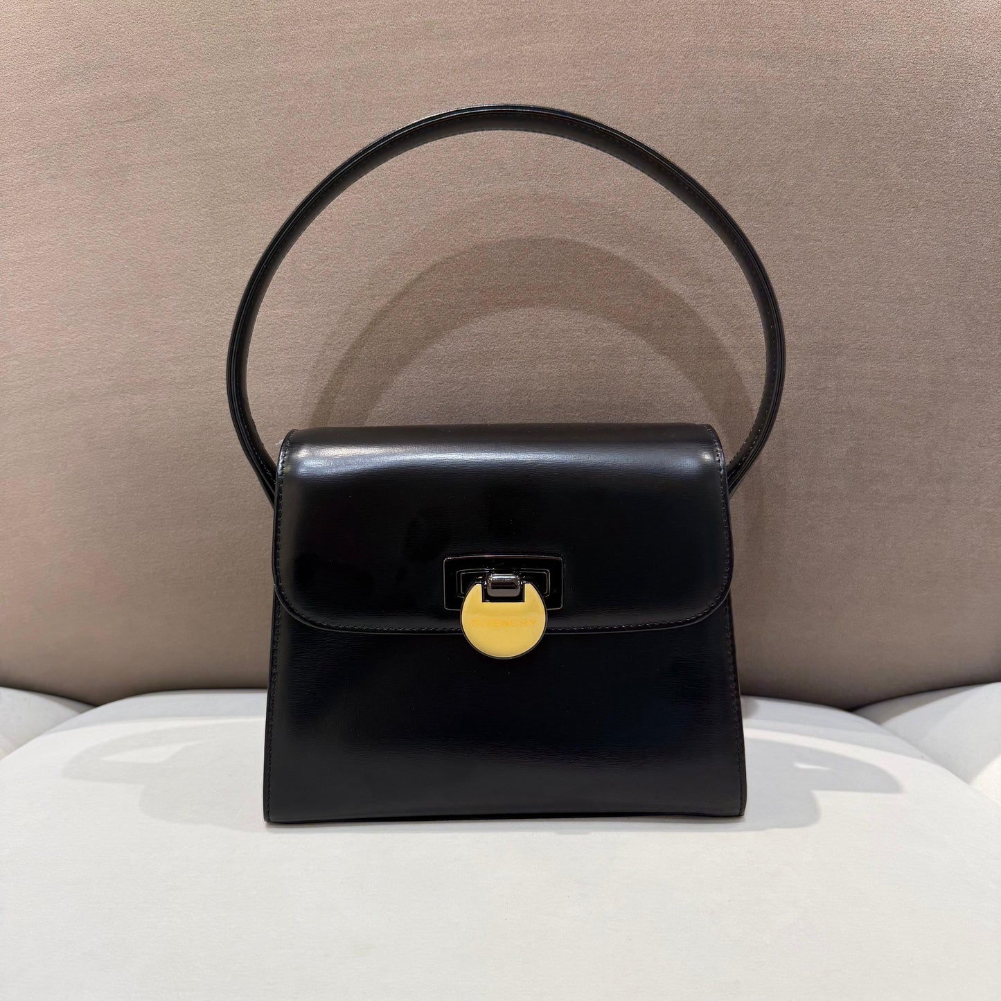 Givenchy Vintage Black Leather Curved Flap Top Handle Handbag