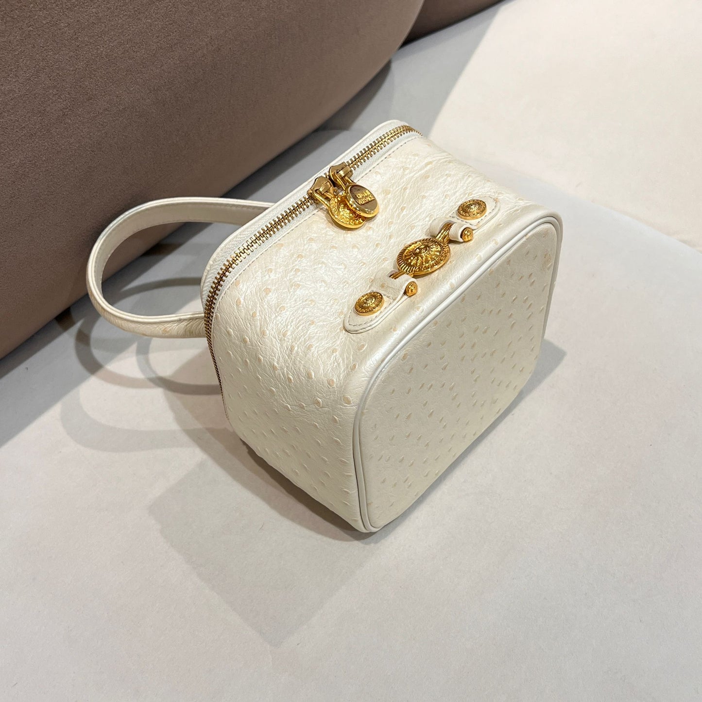 Versace Vintage Ivory Ostrich Leather Medusa Vanity Top Handle Bag