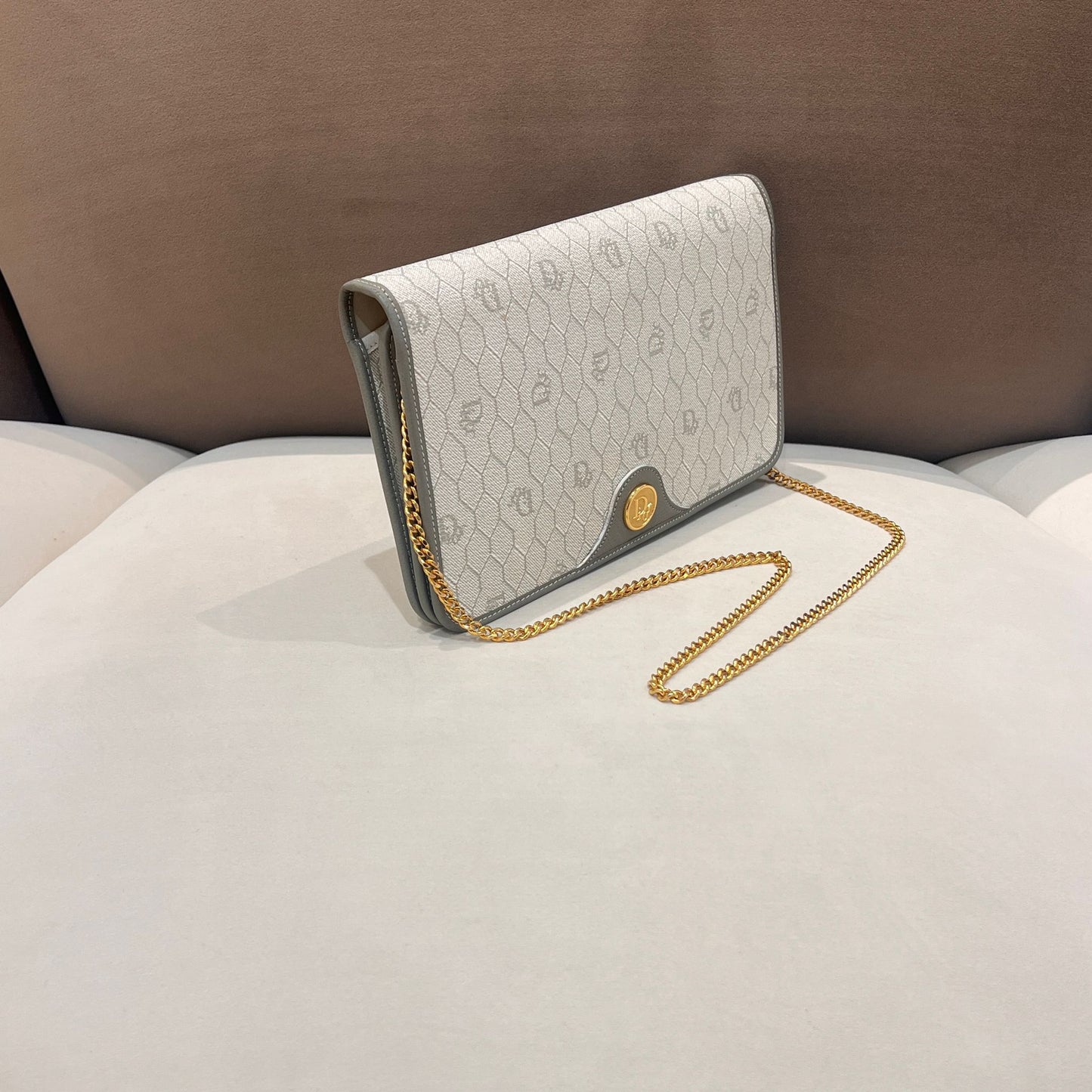 Christian Dior Vintage Grey Honeycomb Monogram Chain Shoulder Bag