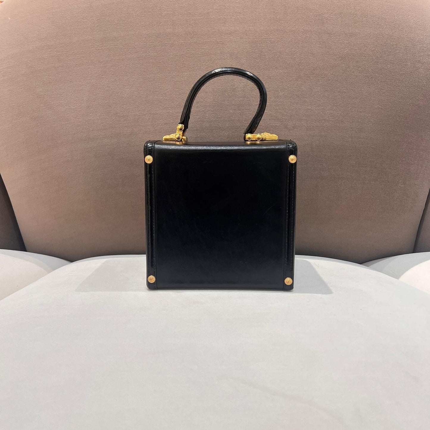 Versace Vintage Black Leather Medusa Vanity Handbag