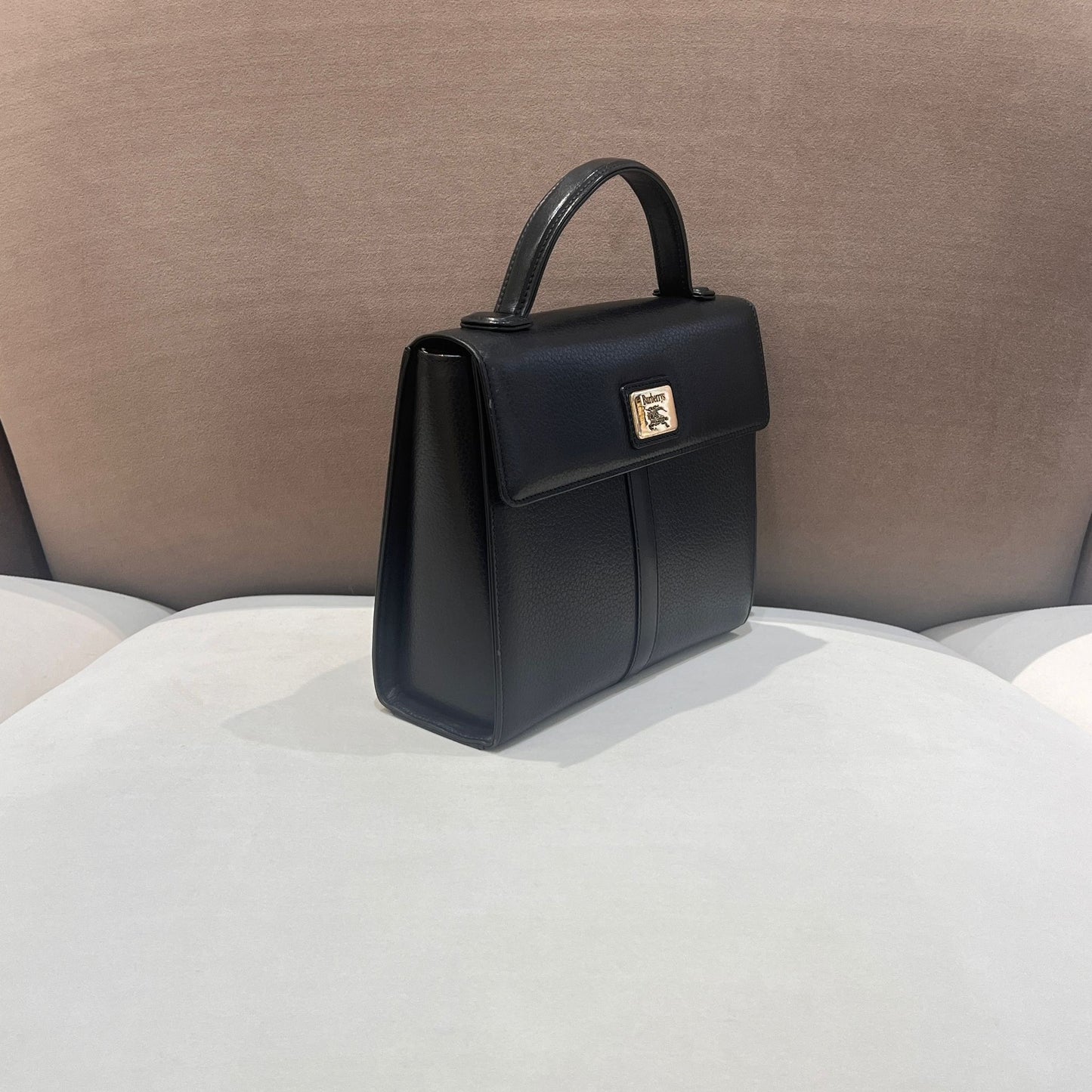 Burberry Vintage Black Grained Leather Top Handle Flap Handbag