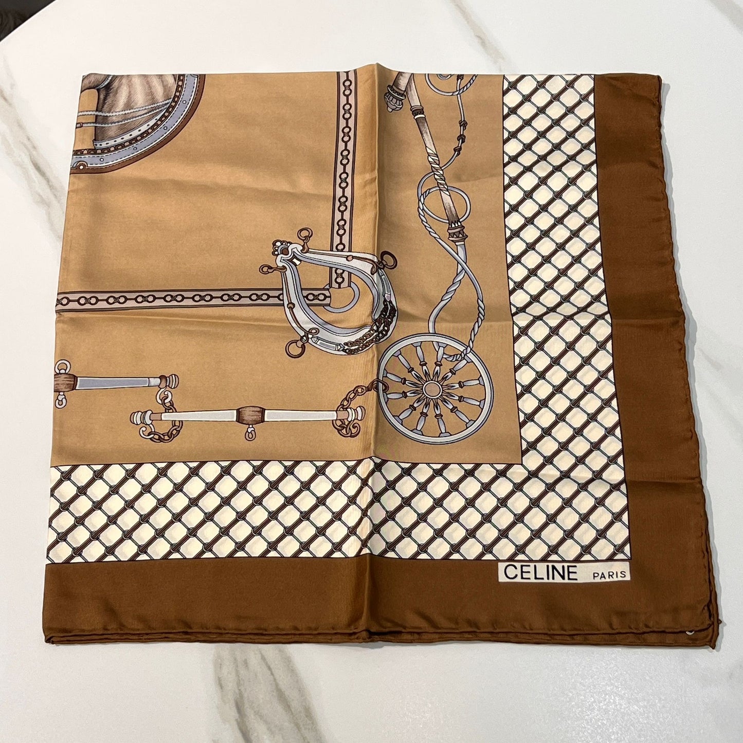 Celine Vintage Carriage Chain Print Silk Scarf Beige Brown 88 X 88 Cm