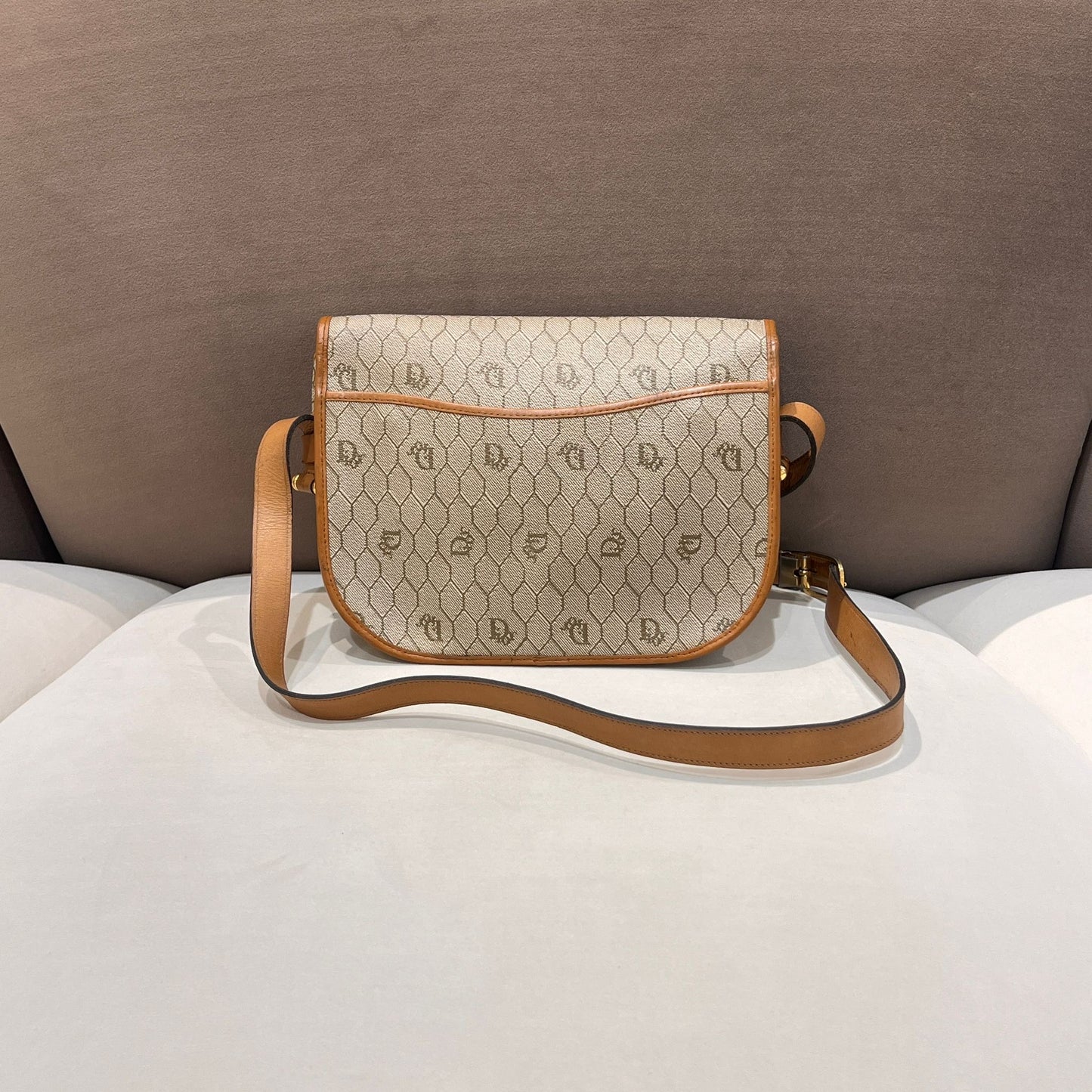 Christian Dior Vintage Honeycomb Monogram Canvas Beige Crossbody Shoulder Bag