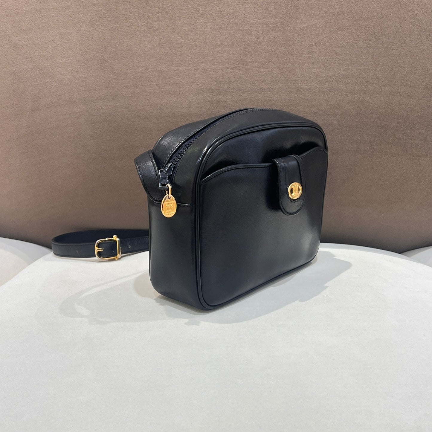 Celine Vintage Black Leather Oval Clasp Shoulder Bag