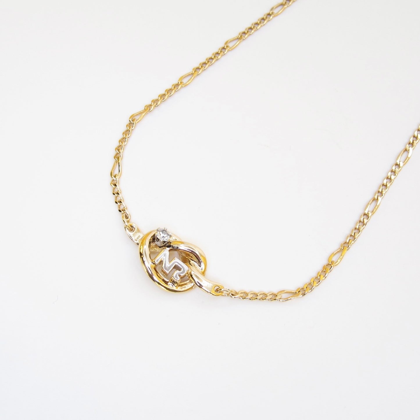 Nina Ricci Vintage NR Logo and Single Rhinestone Golden Necklace