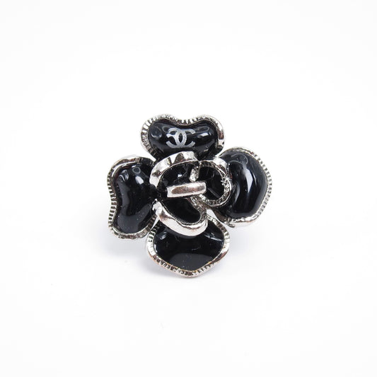 Chanel Vintage CC Logo Black Camellia Silver Ring