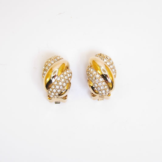 Christian Dior Vintage Stylish Rhinestone Golden Clip-on Earrings