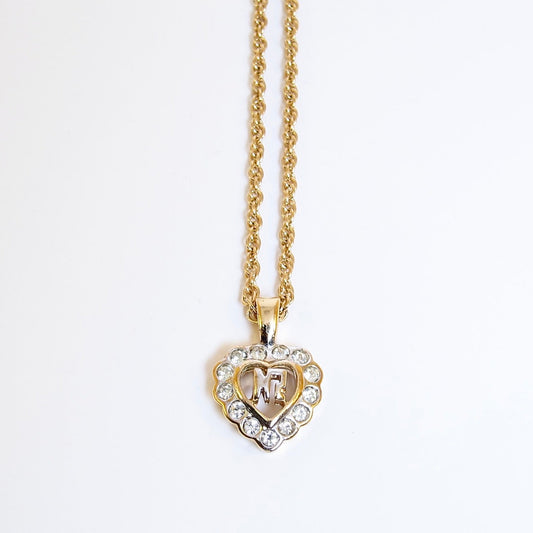 Nina Ricci Vintage NR Logo in Heart with Rhinestone Golden Necklace