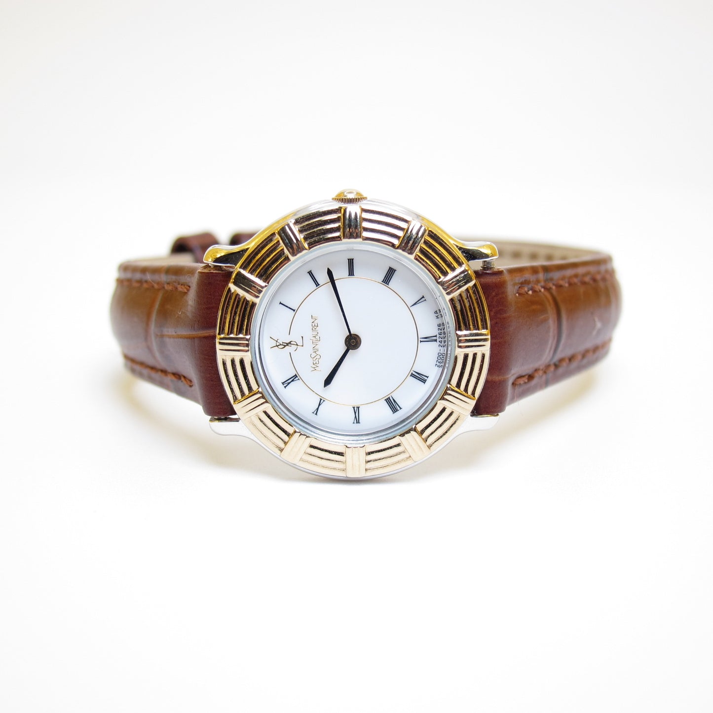 Yves Saint Laurent Vintage Round White Face with Brown Leather Strap Two Tone Watch