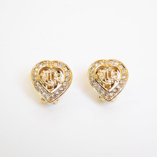 Christian Dior Vintage Dior Logo in Heart with Rhinestone Golden Clip-on Earrings