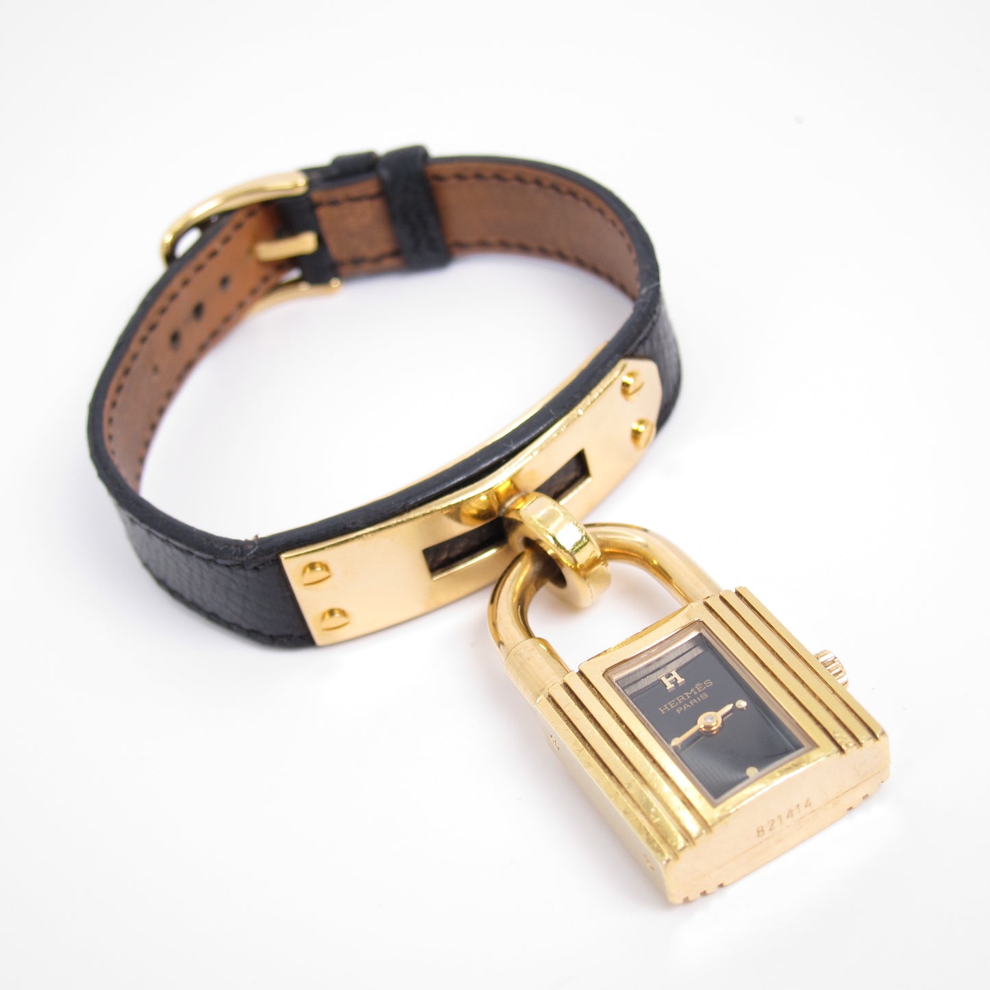 Hermes Vintage Black Face Kelly Watch with Leather Strap