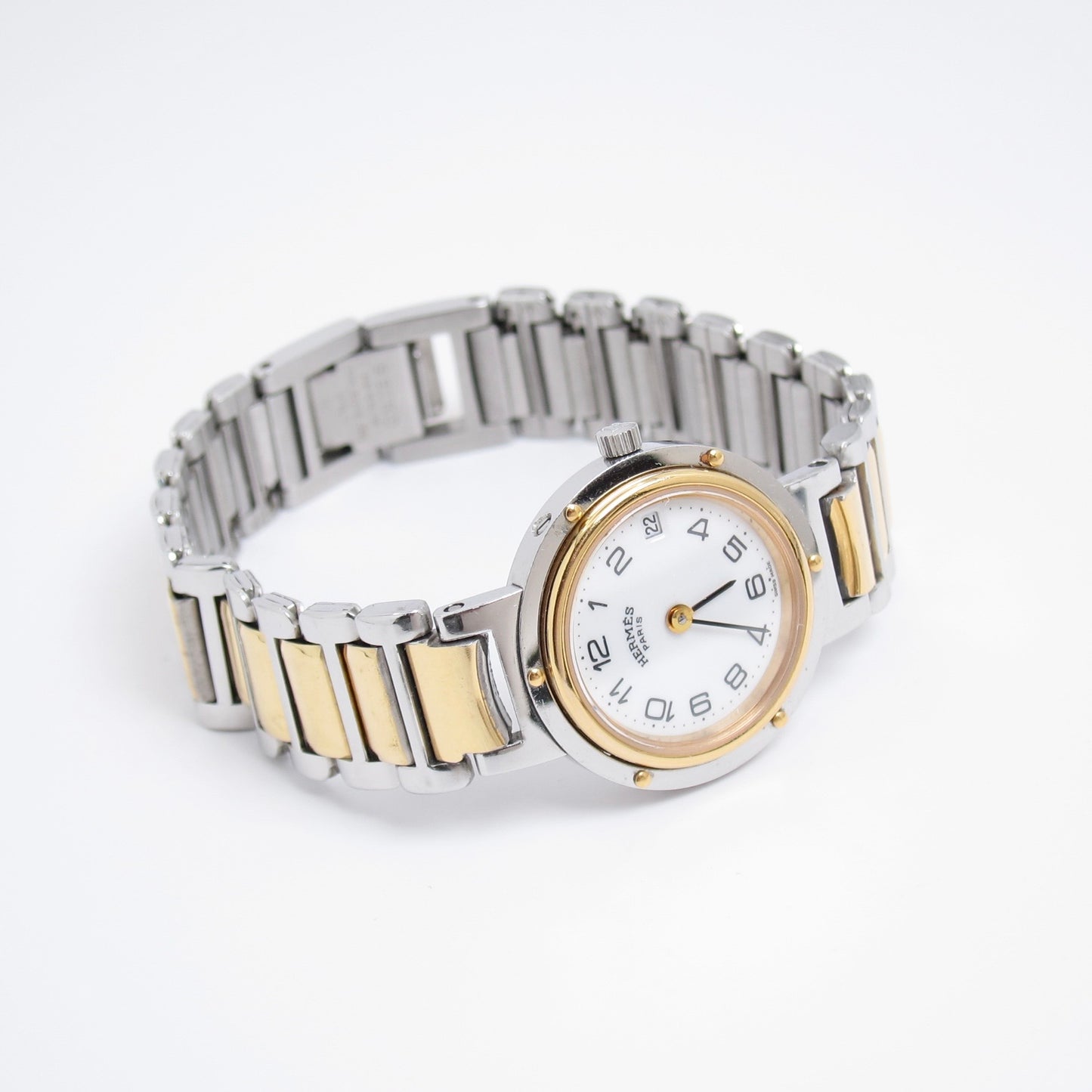 Hermes Vintage Clipper White Face with Date Two Tone Watch