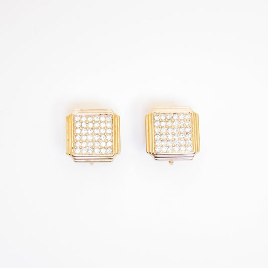 Christian Dior Vintage Square with Rhinestone Golden Clip-on Earrings