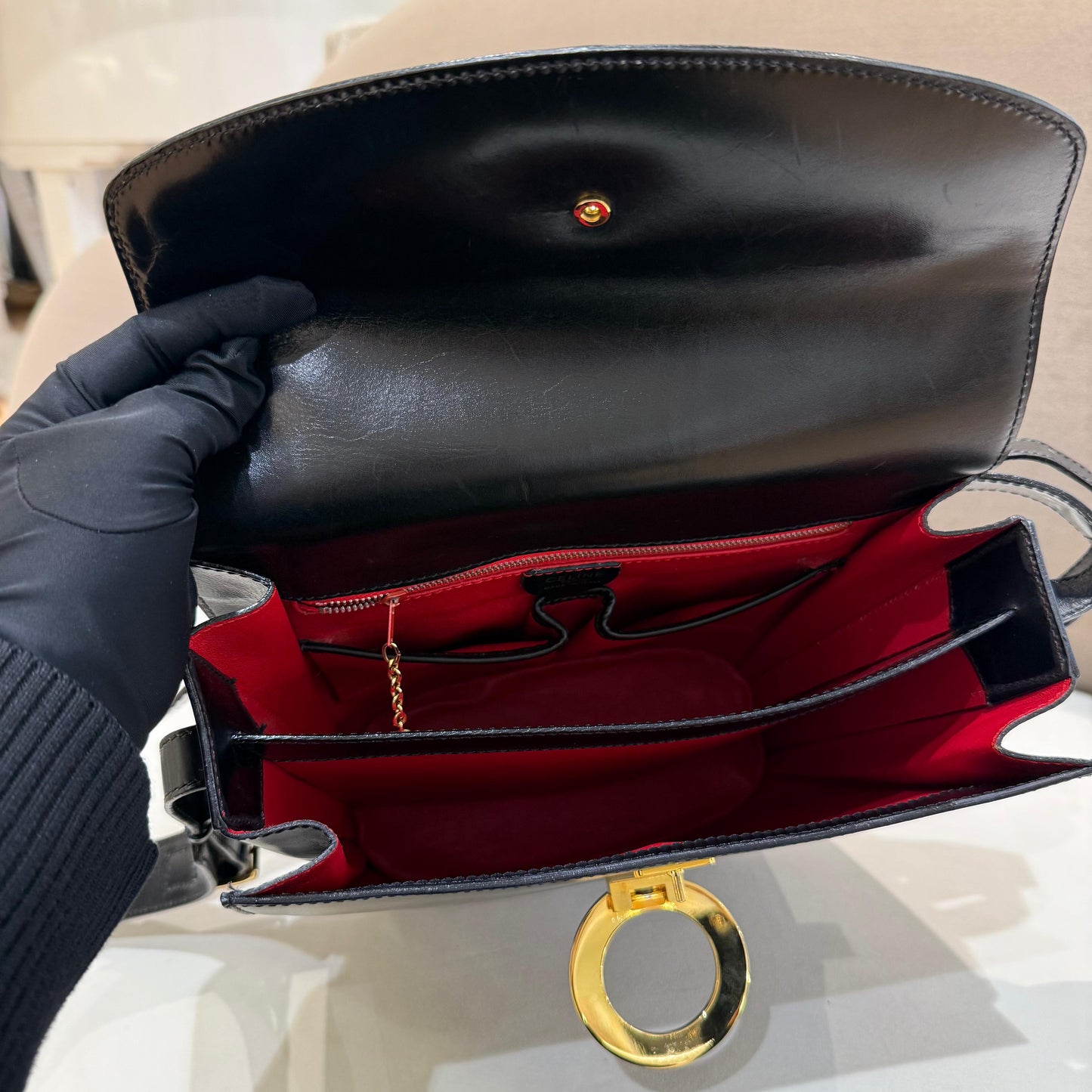 Celine Vintage Black Leather Circle Logo Shoulder Bag
