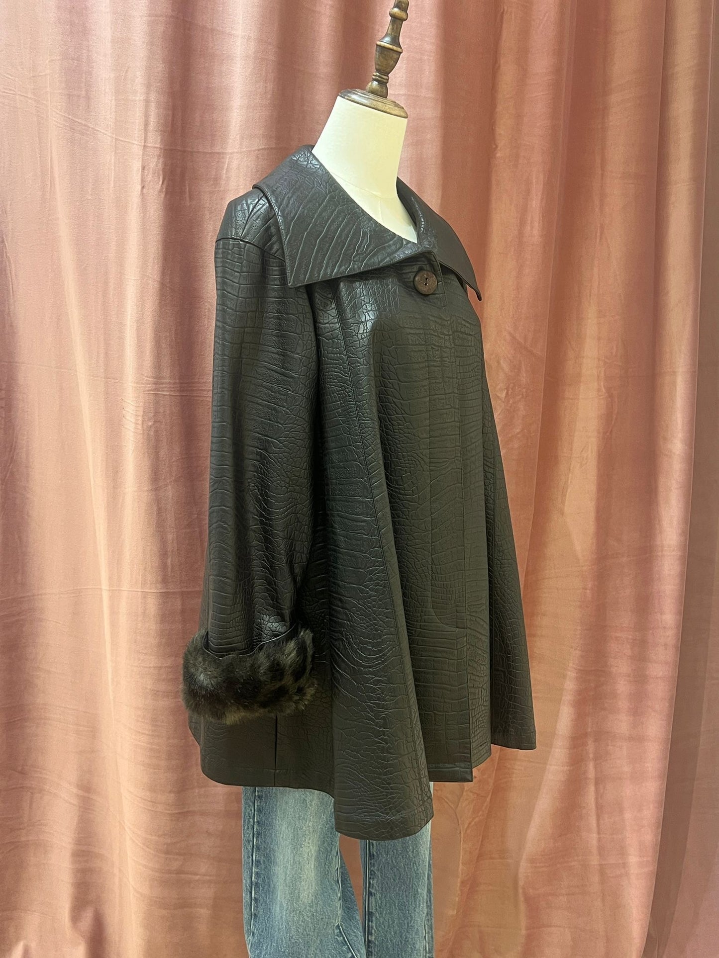 Christian Dior Vintage Miss Dior Black Crocodile-embossed Coat with Fur Trim Cuffs