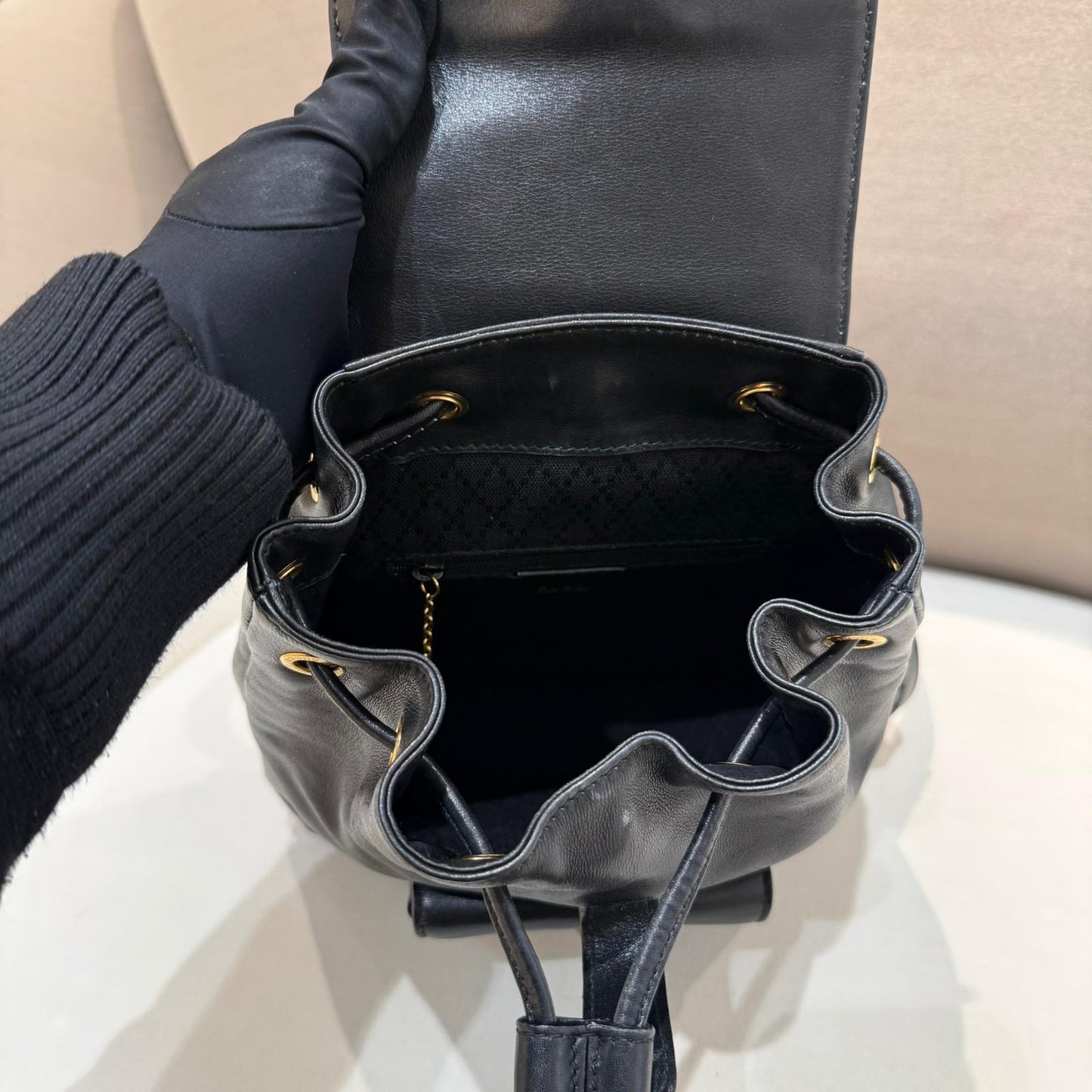 Gucci Vintage Black Leather Bamboo Small Backpack