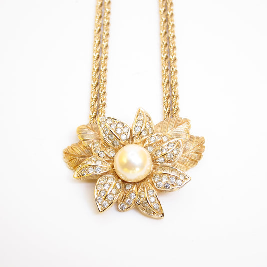 Christian Dior Vintage Flower Motif with Pearl and Rhinestone Golden Necklace