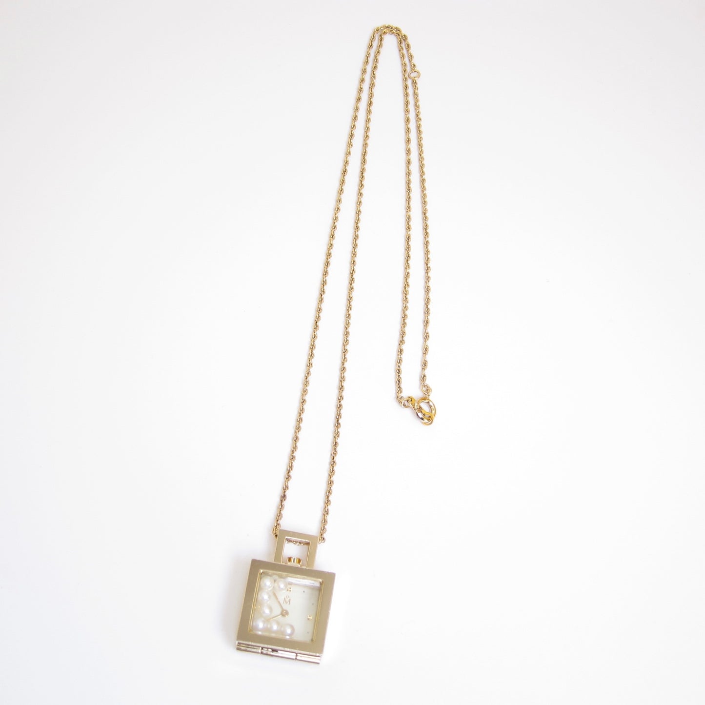Mikimoto Vintage Square Ivory Face Golden Pendant Watch with Pearl Box and Necklace