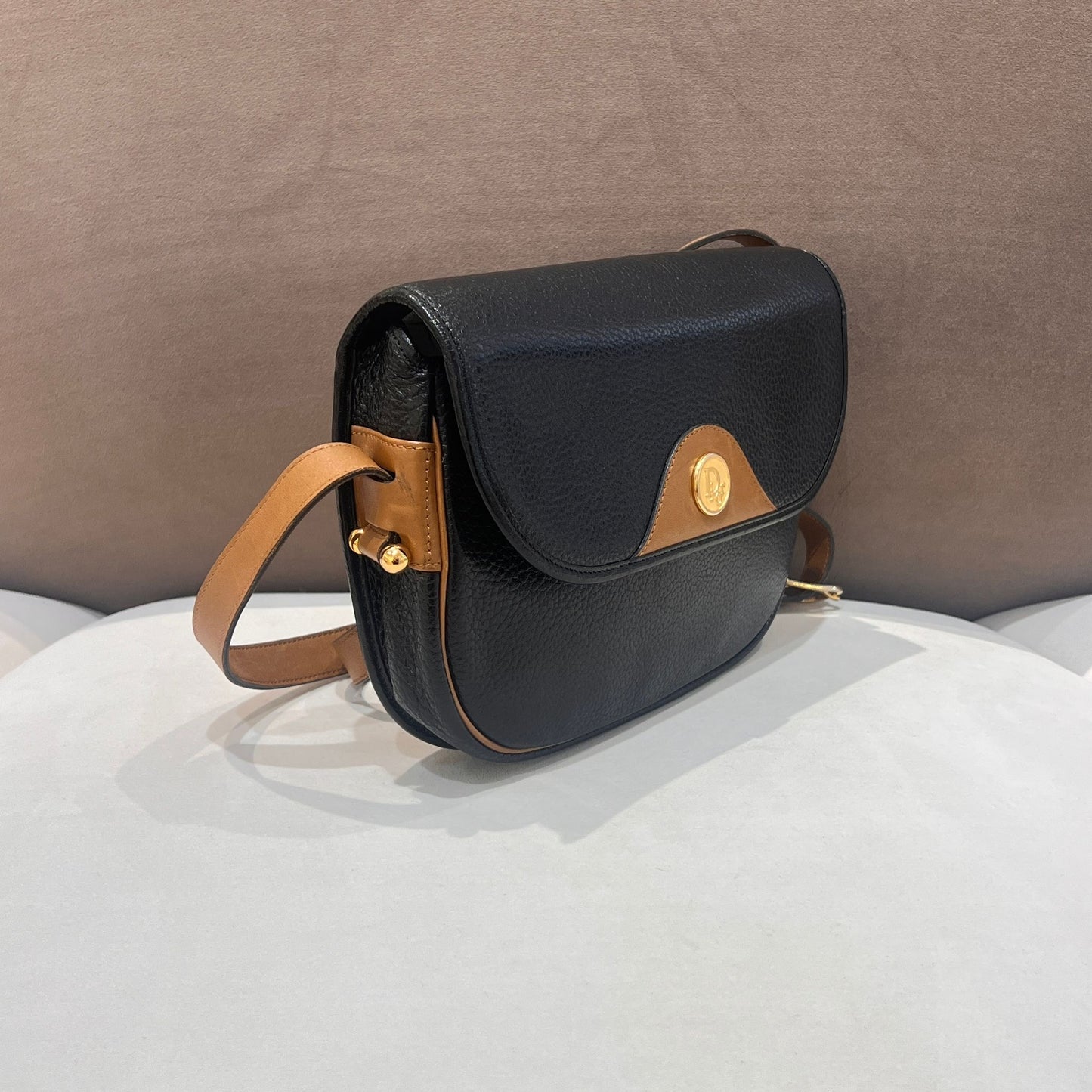 Christian Dior Vintage Black Grained Leather Logo Flap Shoulder Bag