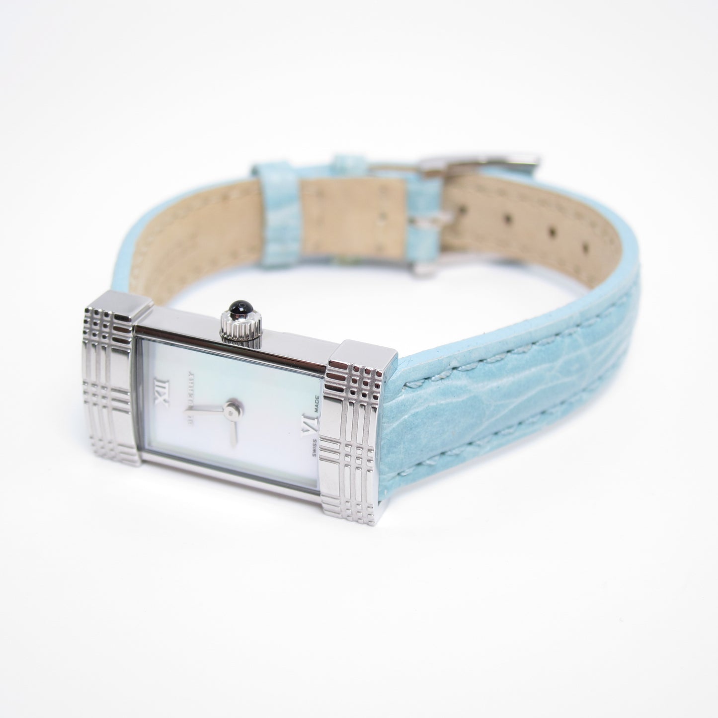 Burberry Vintage Rectangle Shell Pearl Face with Blue Leather Strap Watch
