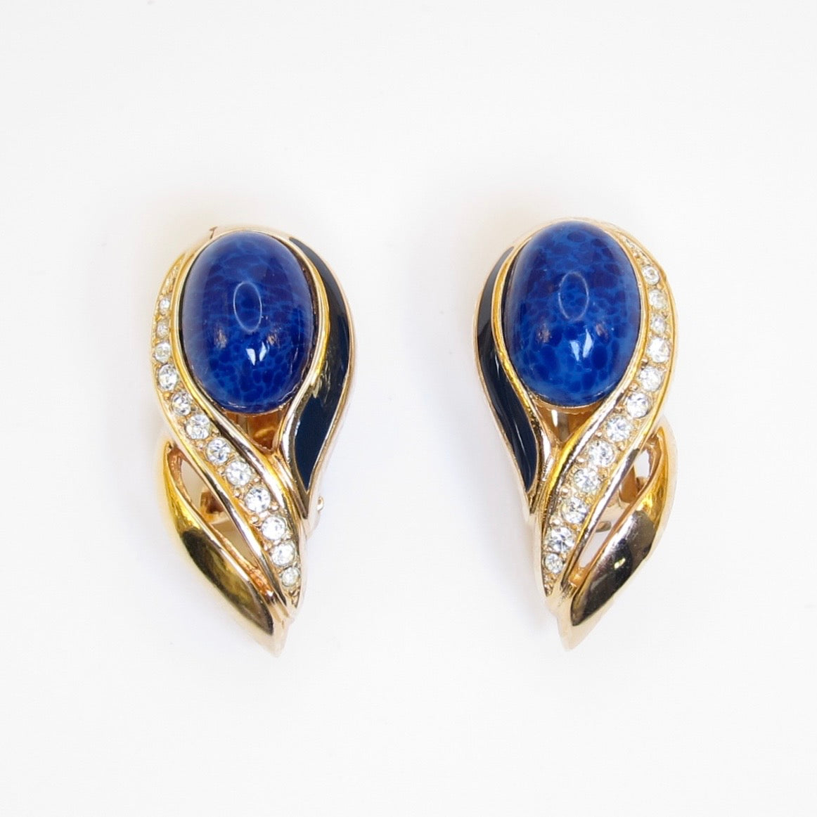 Christian Dior Vintage Lapis Lazuli Navy and Rhinestone Golden Clip-on Earrings