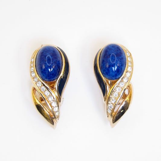 Christian Dior Vintage Lapis Lazuli Navy and Rhinestone Golden Clip-on Earrings