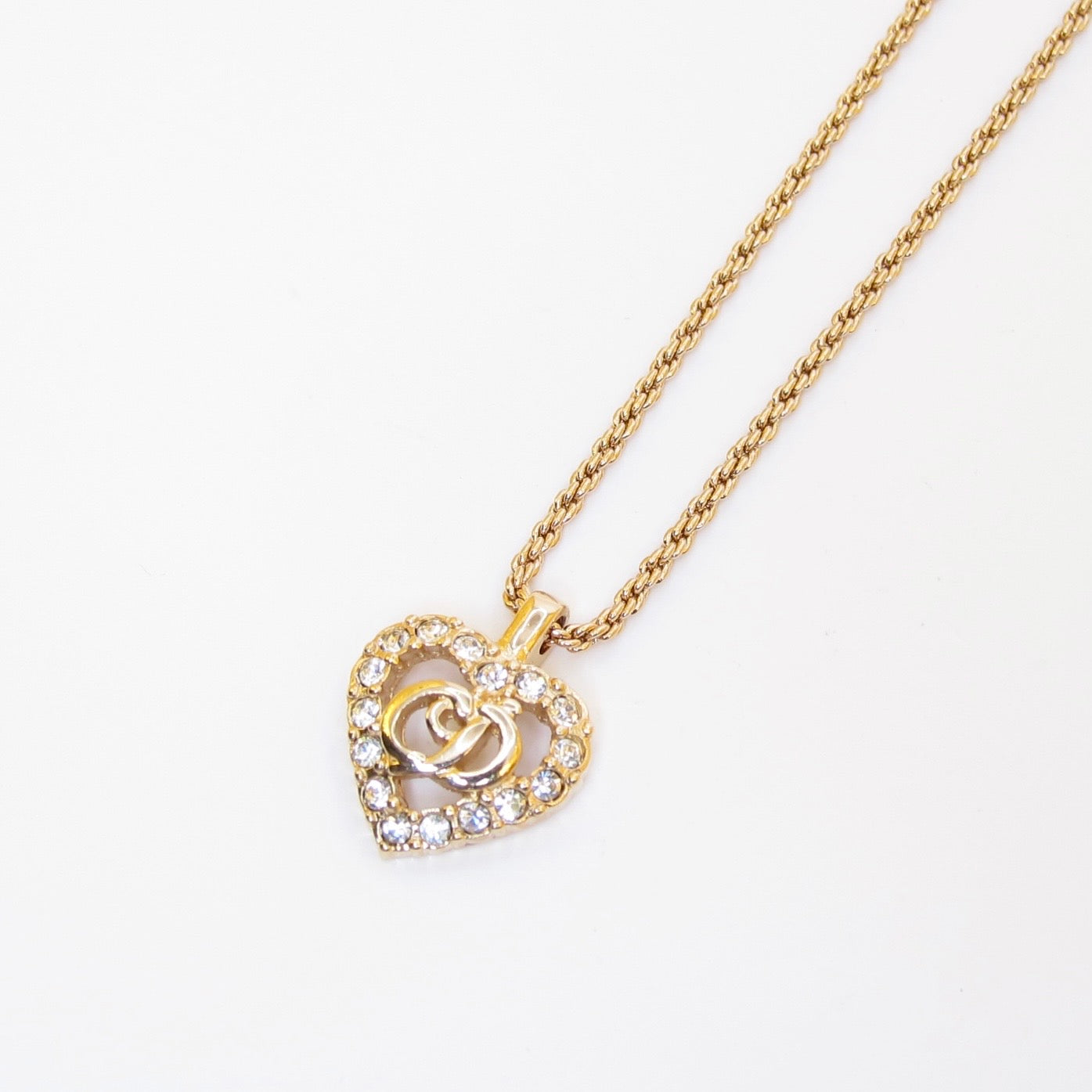 Christian Dior Vintage CD Logo in Heart with Rhinestone Golden Necklace
