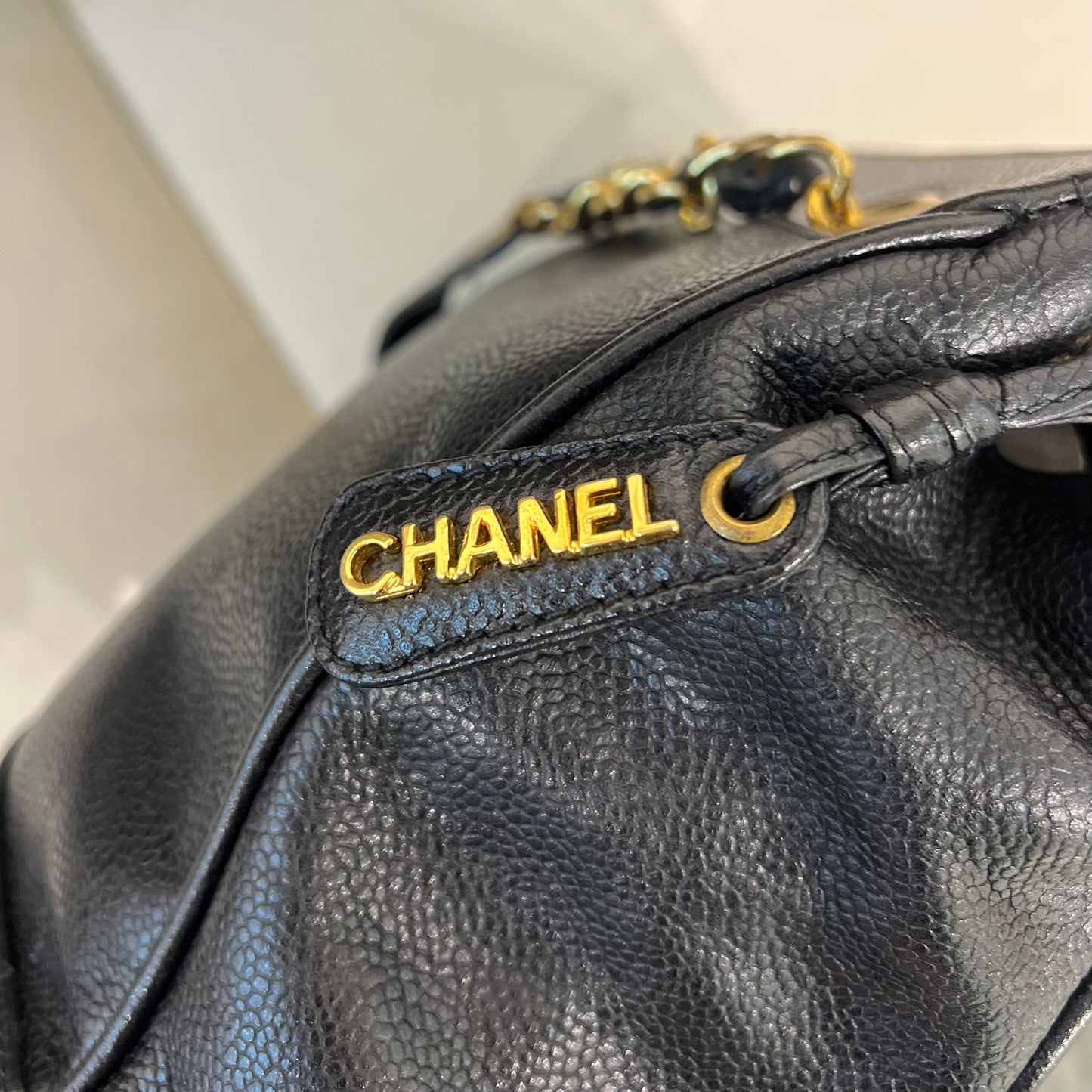 Chanel Vintage Triple Cc Logo Black Caviar Skin With Chain Shoulder Bag With Logo Charm