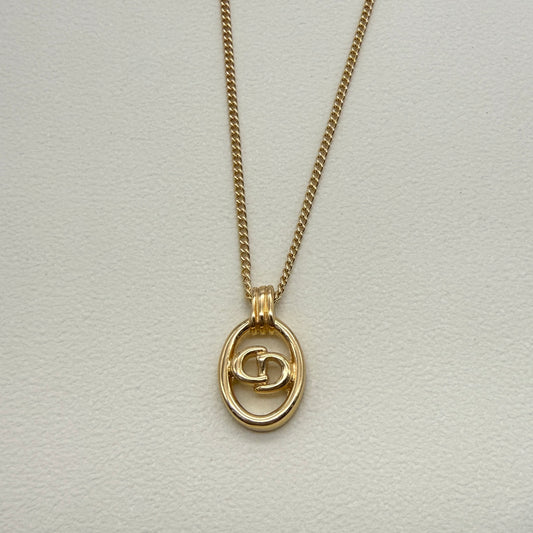 Christian Dior Vintage CD Logo in Oval Shape Pendant Golden Necklace