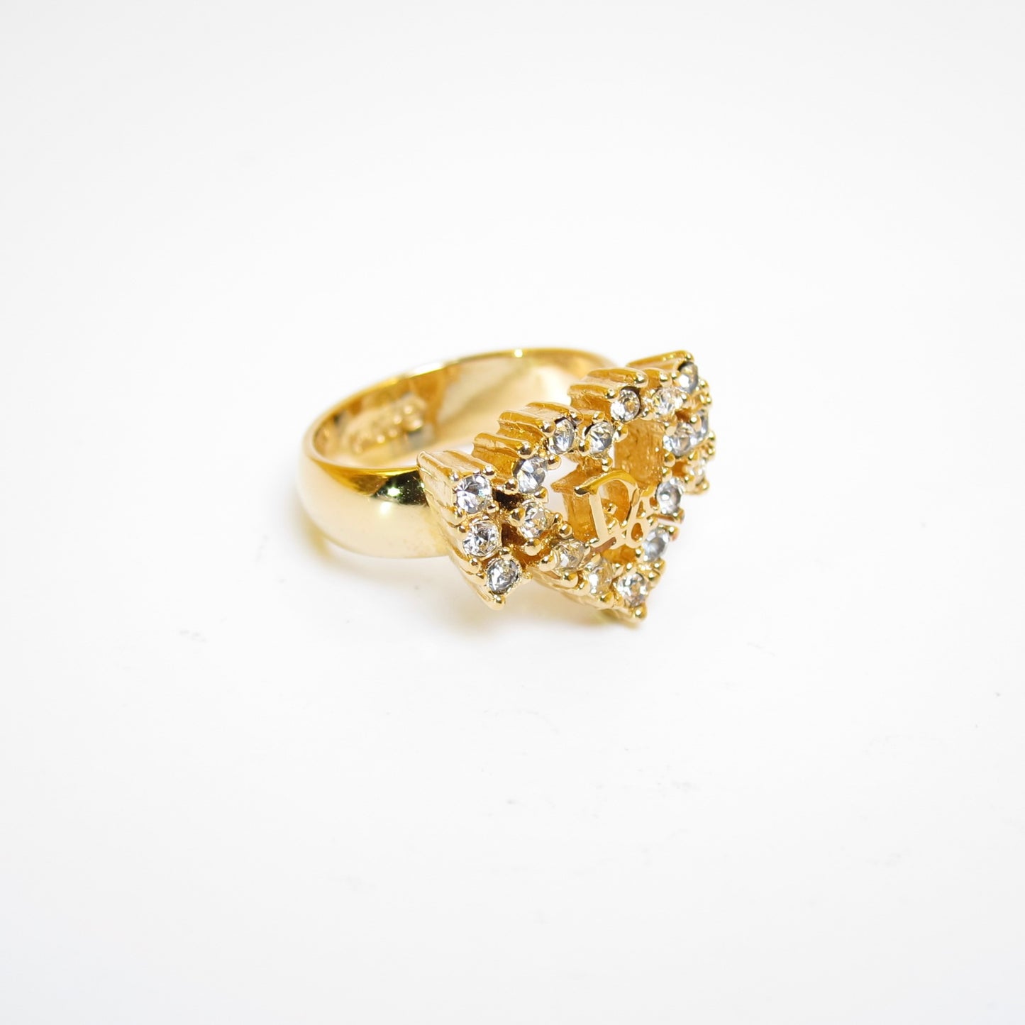 Christian Dior Vintage Dior Logo in Heart with Rhinestone Golden Ring